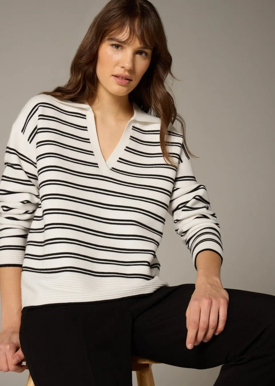 Tops>Et Vous Navy Stripe V-Neck Polo Jumper