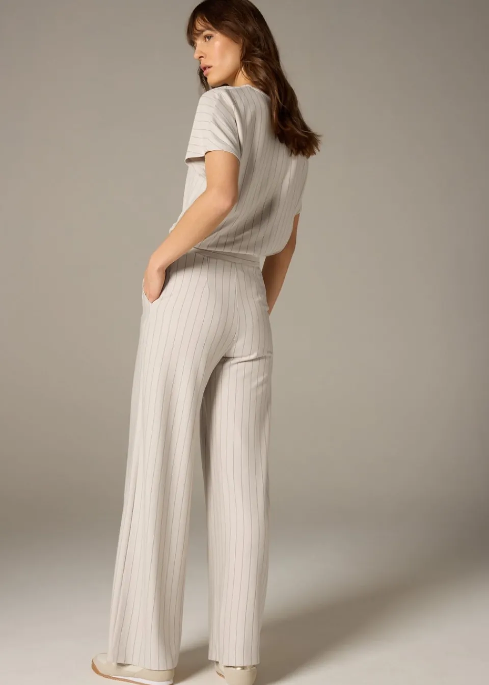 Trousers>Et Vous Stone Pinstripe Wide Leg Trousers
