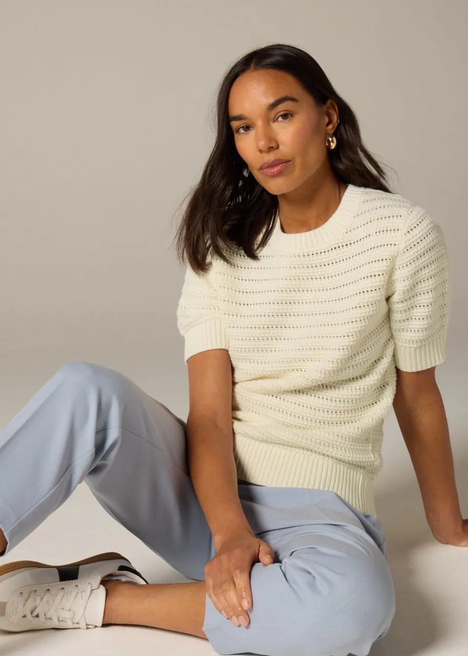 Tops>Et Vous Stone Pointelle Short Sleeve Jumper