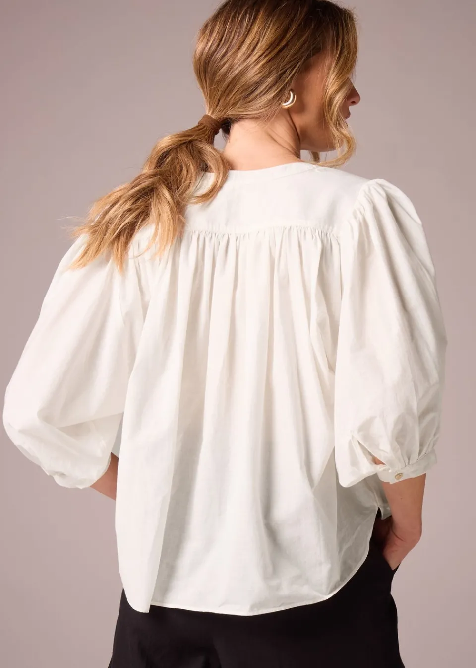 Tops>Et Vous White Cotton Blouson Sleeve Blouse