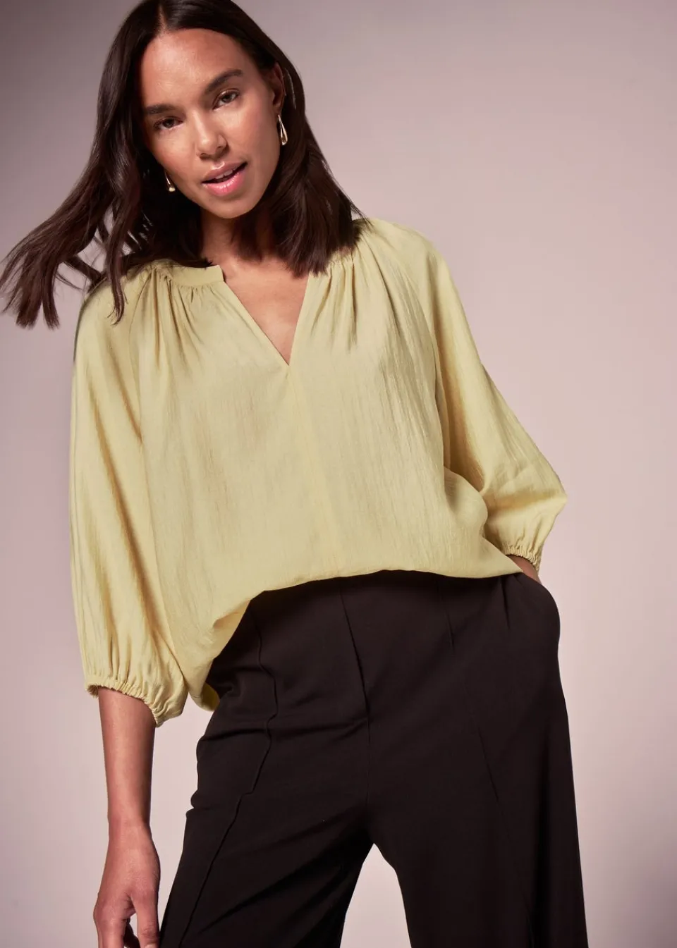Tops>Et Vous Yellow 3/4 Sleeve V Neck Blouse
