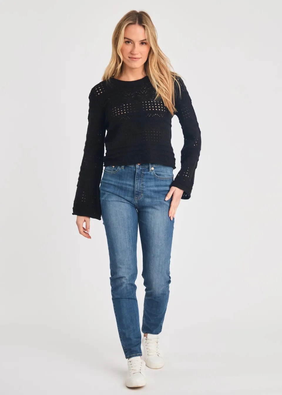 Knitwear>French Connection Black Crew Neck Long Sleeve Crochet Bobble Knit Jumper