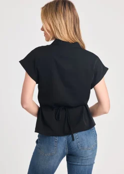 Tops>French Connection Black V-Neck Button Up Short Sleeve Crepe Blouse