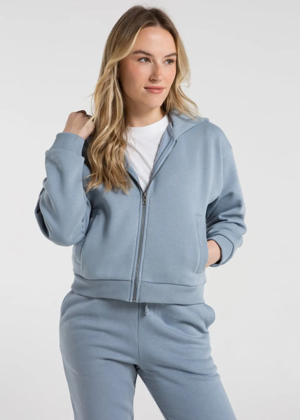 Tops>French Connection Blue Cotton Blend Boxy Zip Hoody