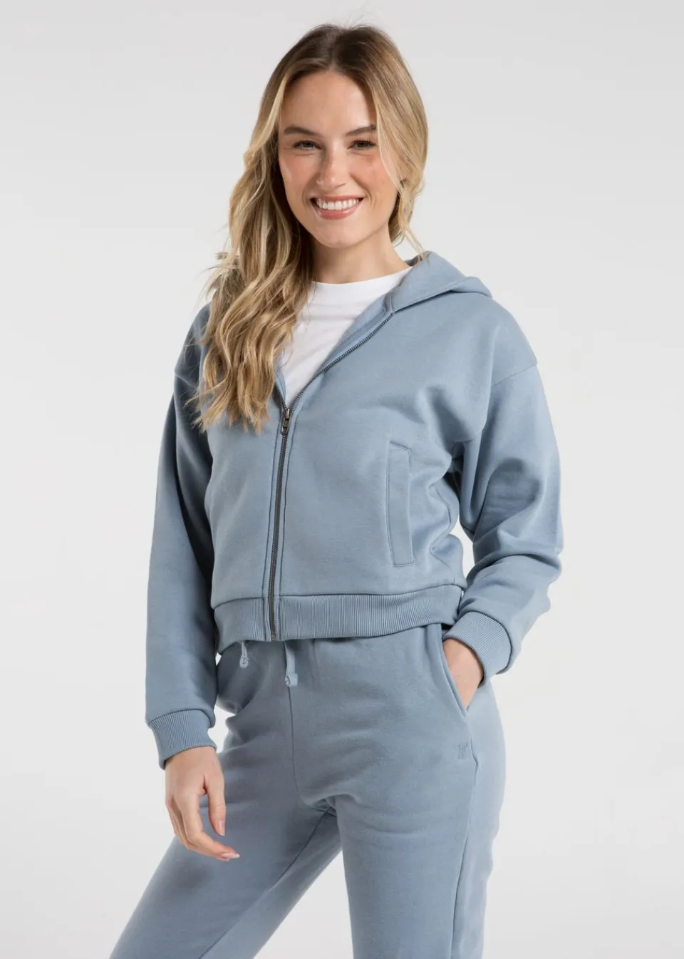 Tops>French Connection Blue Cotton Blend Boxy Zip Hoody