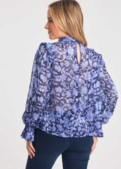 Tops>French Connection Blue High Neck Long Sleeve Floral Frill Keyhole Blouse