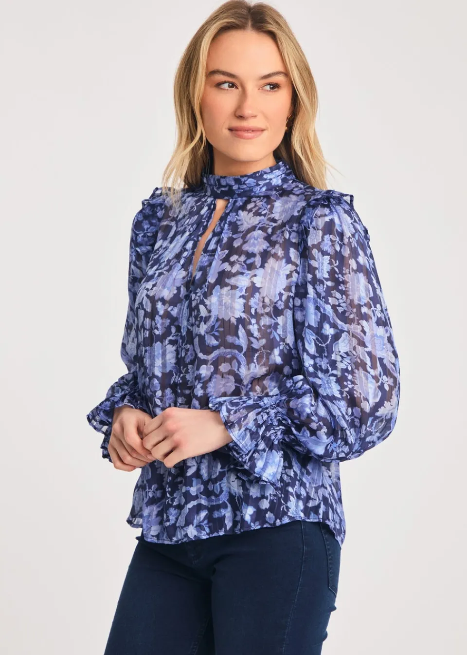 Tops>French Connection Blue High Neck Long Sleeve Floral Frill Keyhole Blouse