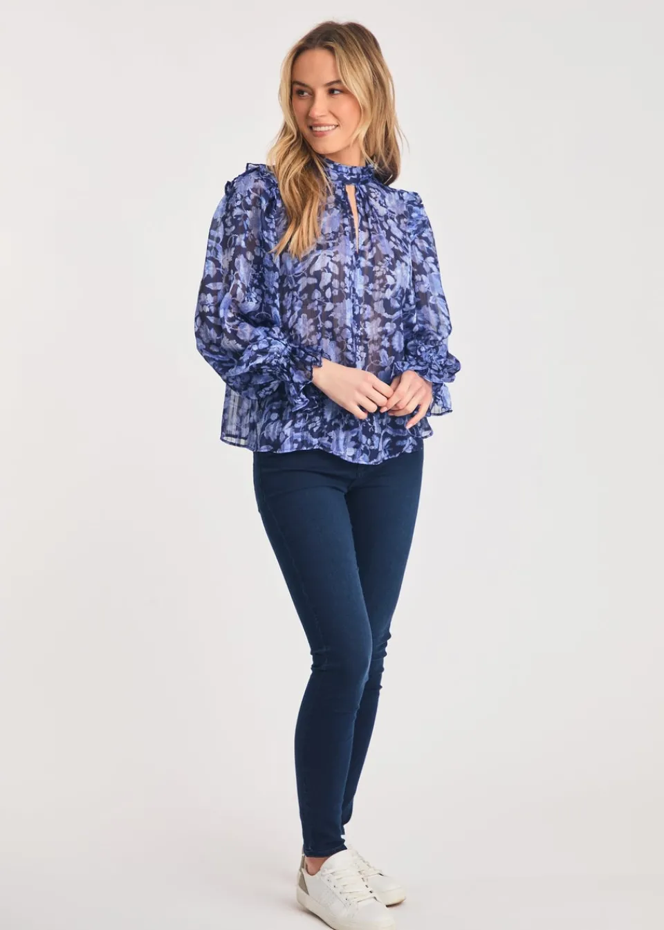 Tops>French Connection Blue High Neck Long Sleeve Floral Frill Keyhole Blouse