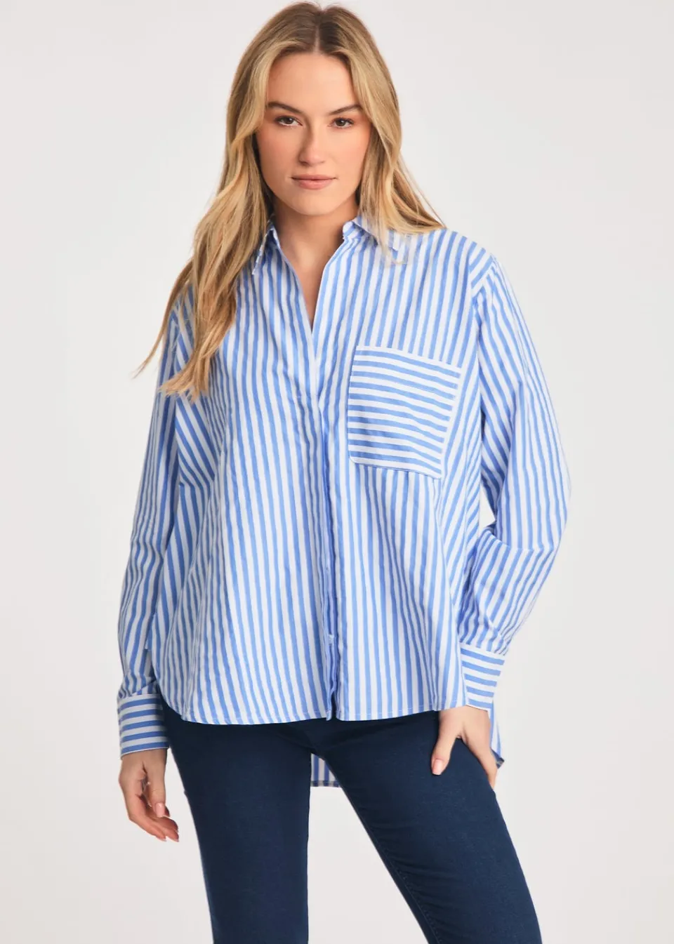 Tops>French Connection Blue Relaxed-Fit Striped Popover High-Low Hem Shirt