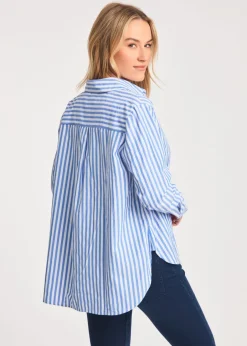 Tops>French Connection Blue Relaxed-Fit Striped Popover High-Low Hem Shirt