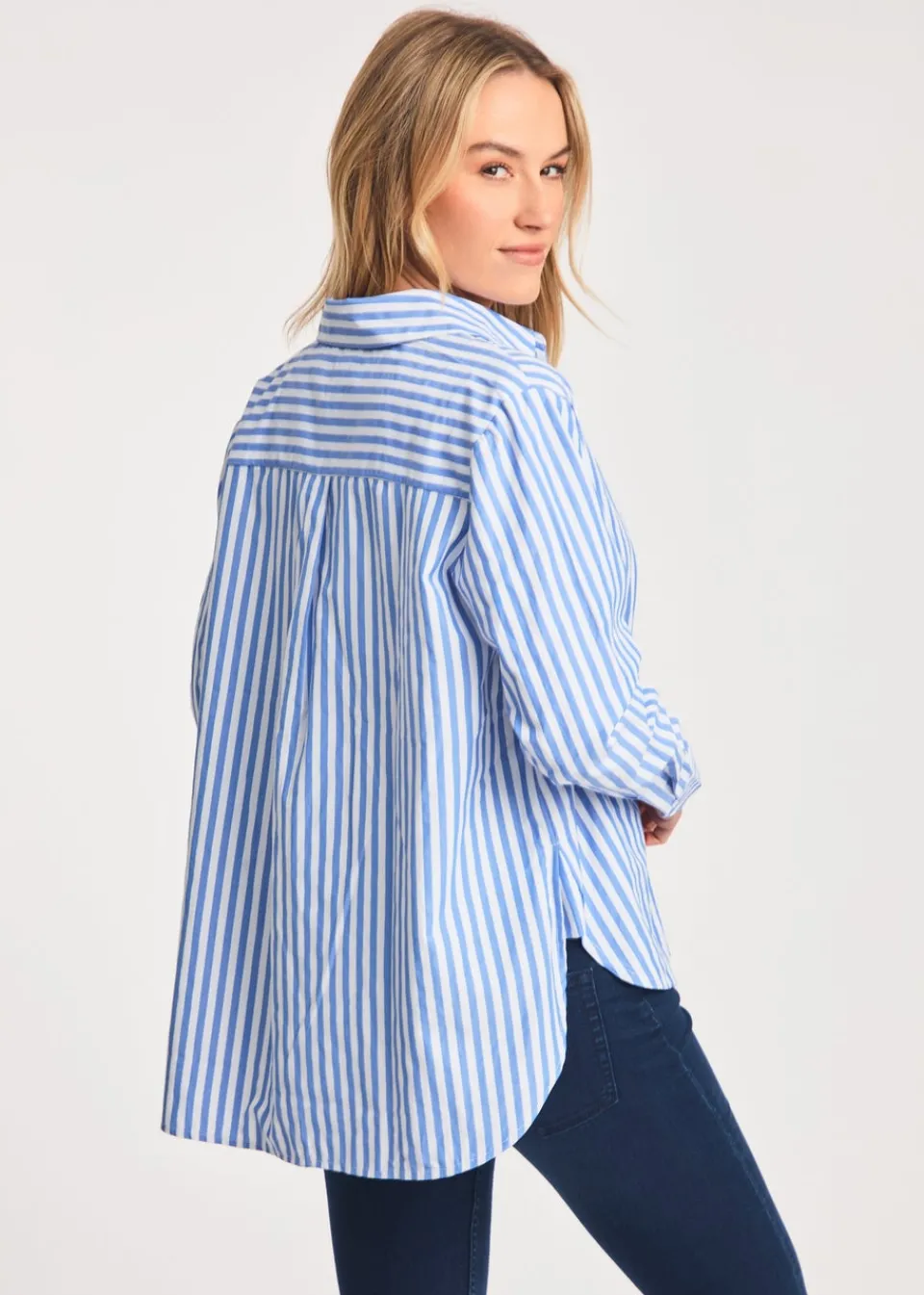 Tops>French Connection Blue Relaxed-Fit Striped Popover High-Low Hem Shirt