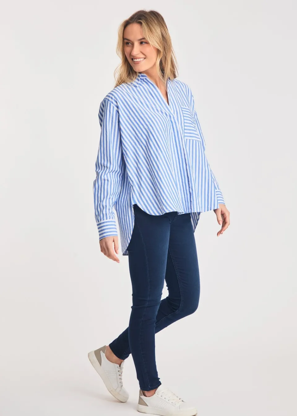 Tops>French Connection Blue Relaxed-Fit Striped Popover High-Low Hem Shirt