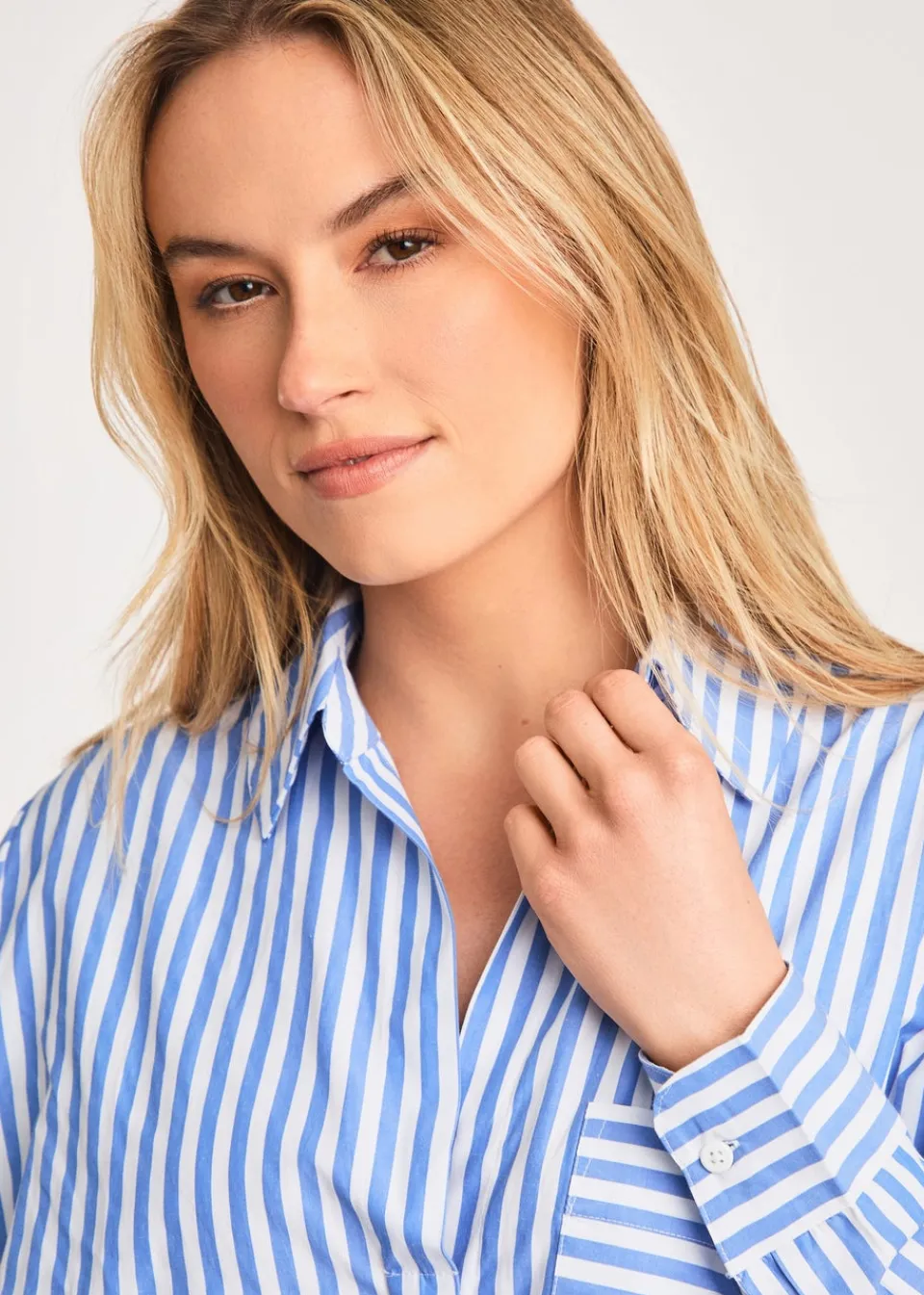 Tops>French Connection Blue Relaxed-Fit Striped Popover High-Low Hem Shirt