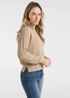 Tops>French Connection Camel Cotton Popcorn-Style Cable Knit Crew Neck Jumper