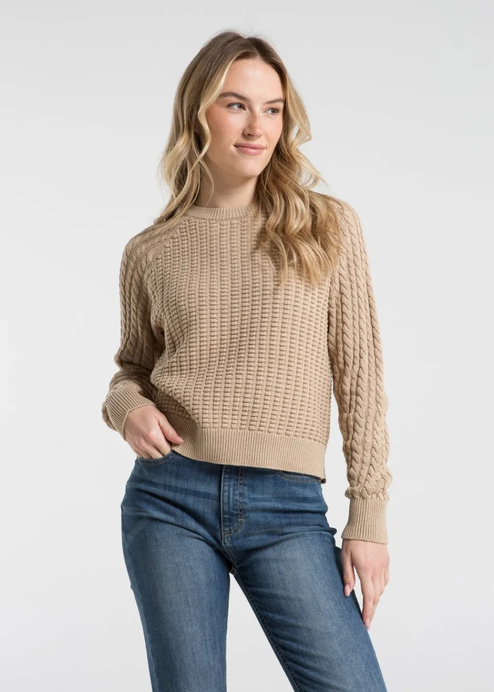 Tops>French Connection Camel Cotton Popcorn-Style Cable Knit Crew Neck Jumper