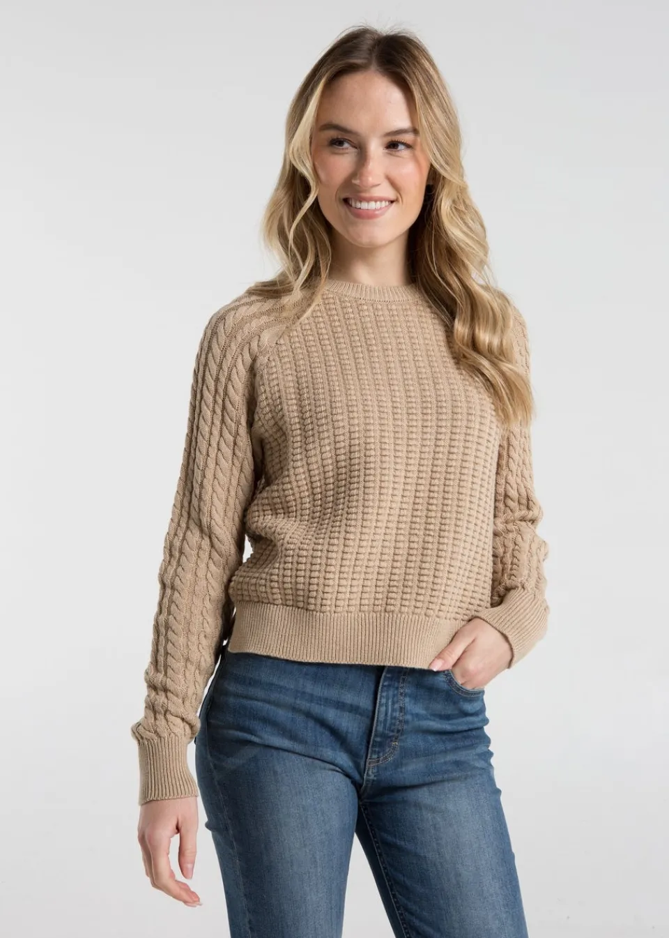 Tops>French Connection Camel Cotton Popcorn-Style Cable Knit Crew Neck Jumper