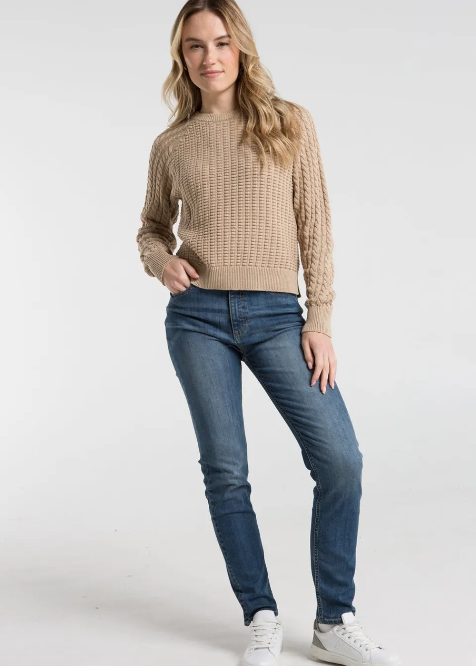 Tops>French Connection Camel Cotton Popcorn-Style Cable Knit Crew Neck Jumper