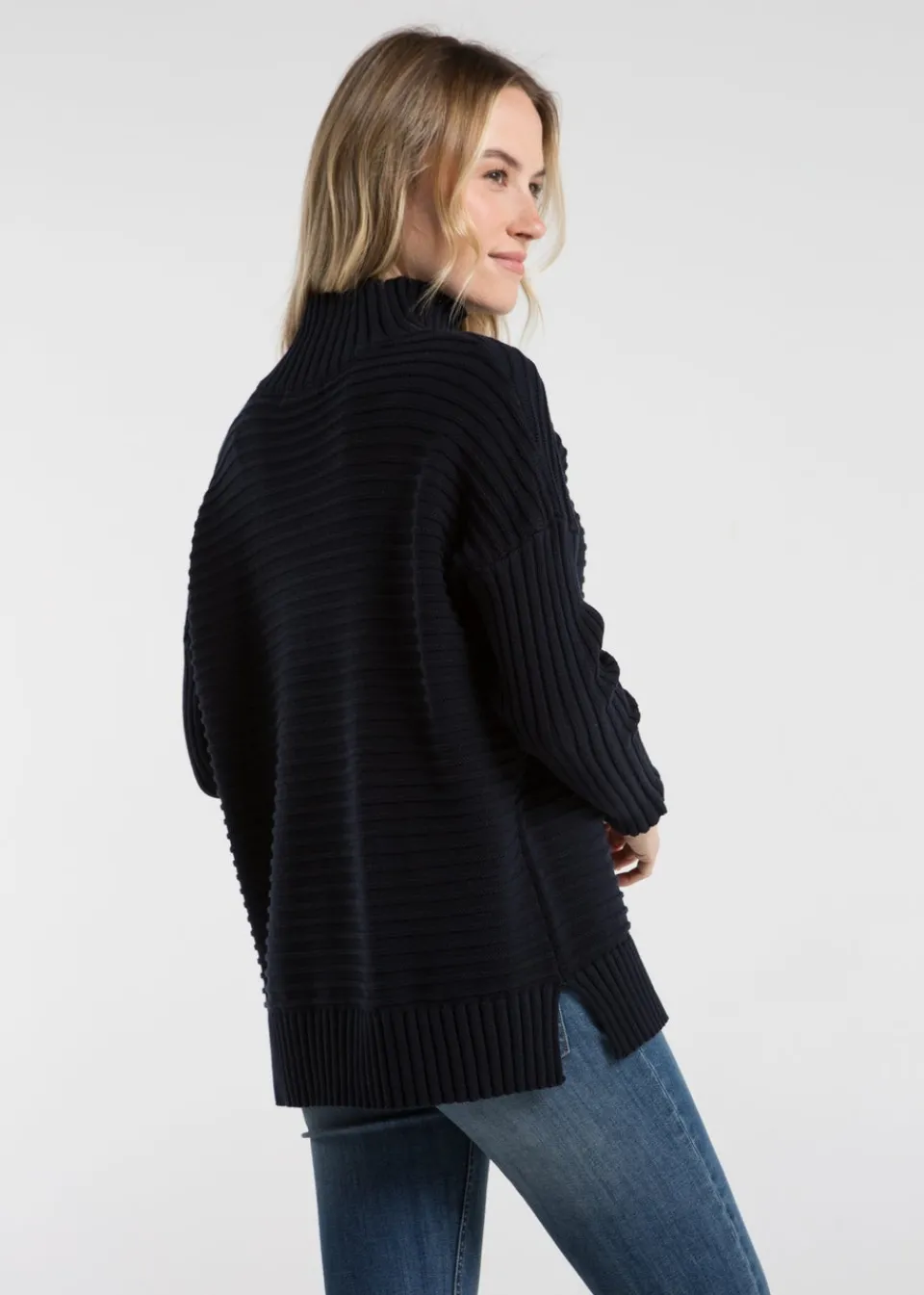 Tops>French Connection Navy Cotton Ribbed Knit High Neck Jumper