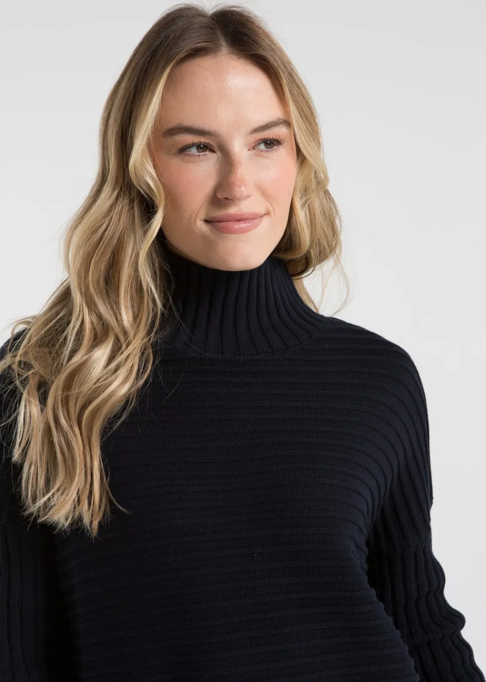 Tops>French Connection Navy Cotton Ribbed Knit High Neck Jumper