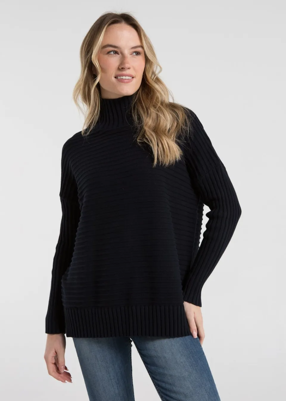 Tops>French Connection Navy Cotton Ribbed Knit High Neck Jumper