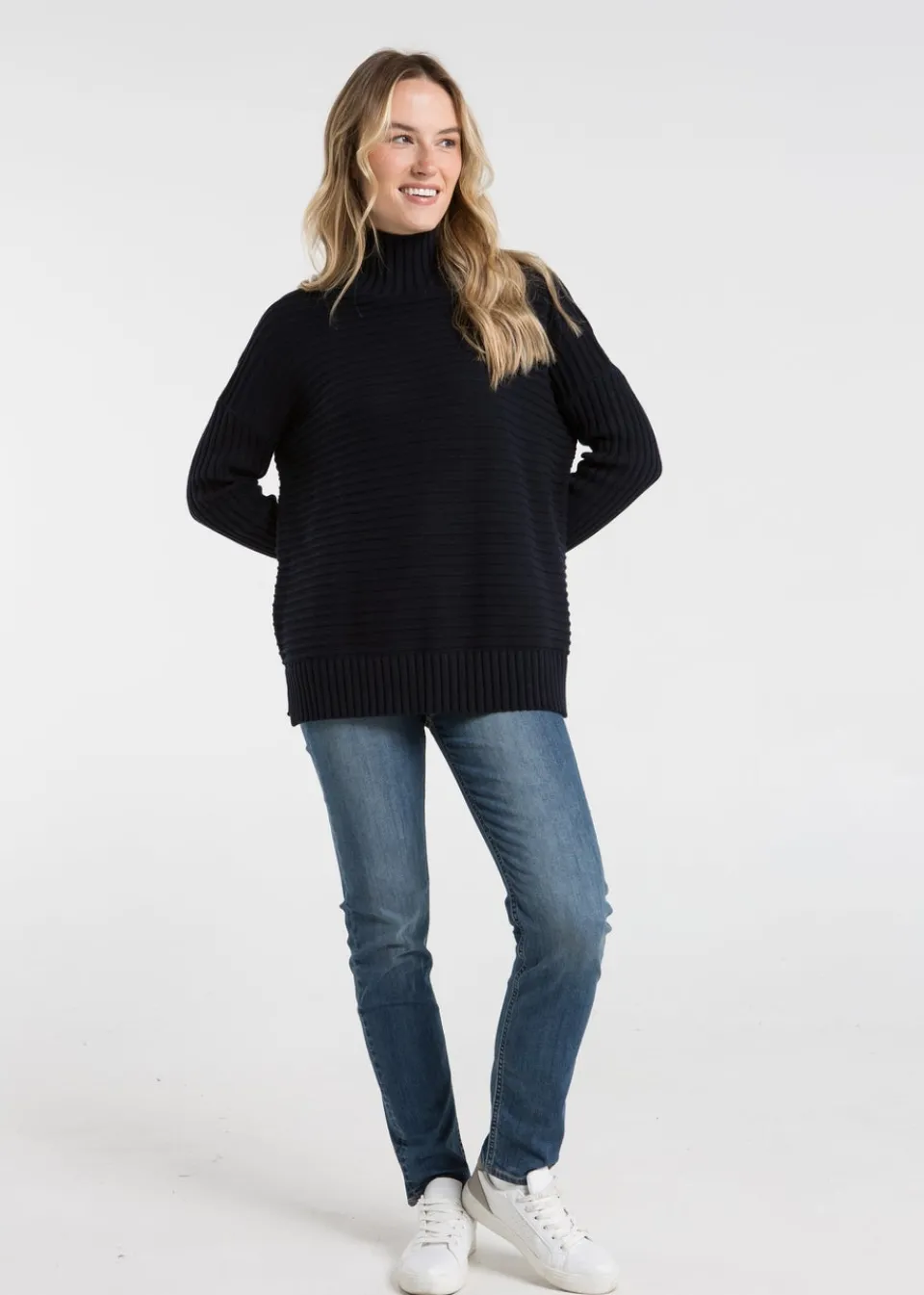 Tops>French Connection Navy Cotton Ribbed Knit High Neck Jumper