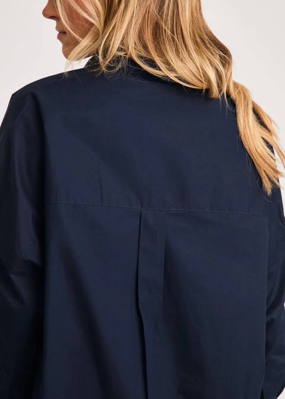 Tops>French Connection Navy Cotton Long Sleeve Poplin Popover High-Low Hem Shirt