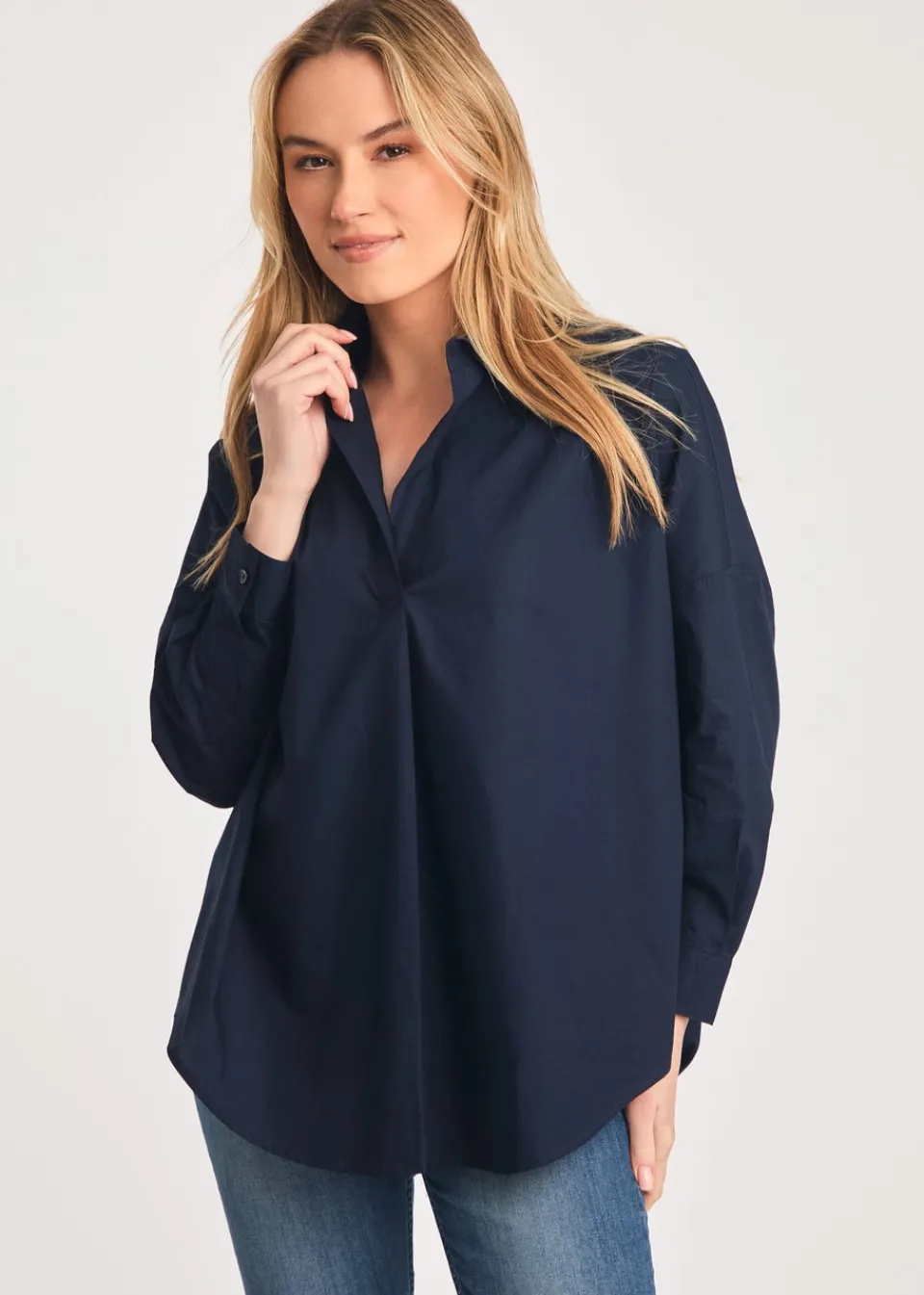 Tops>French Connection Navy Cotton Long Sleeve Poplin Popover High-Low Hem Shirt