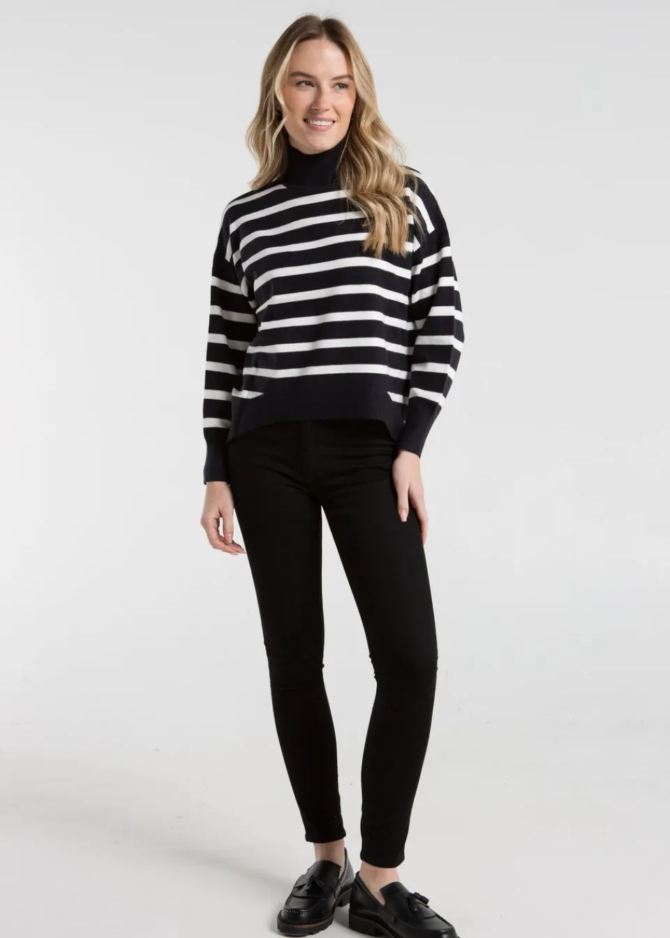 Tops>French Connection Navy Oversized High Neck Striped Jumper