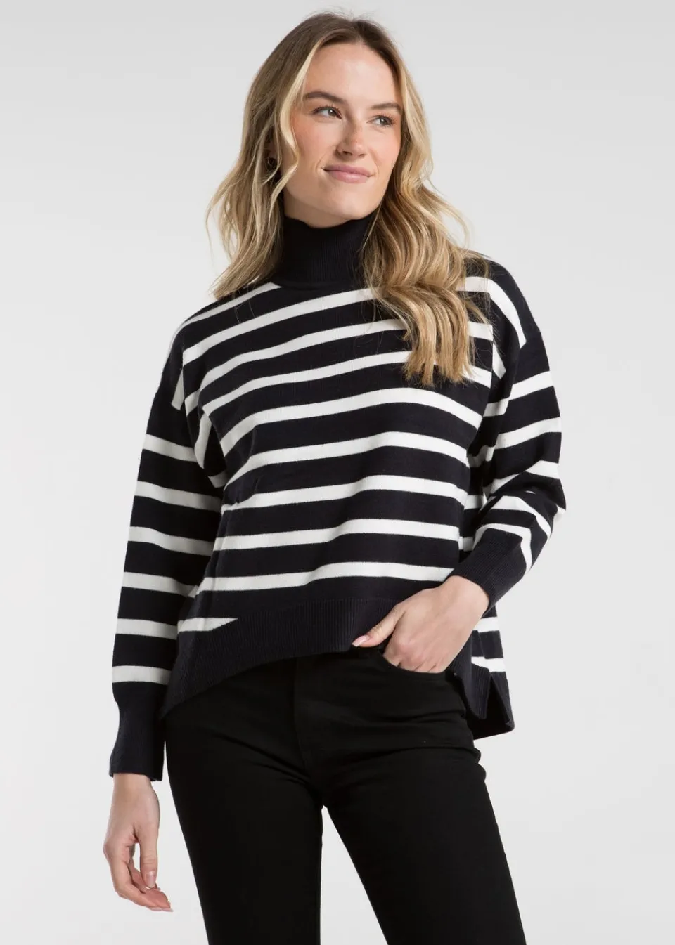Tops>French Connection Navy Oversized High Neck Striped Jumper