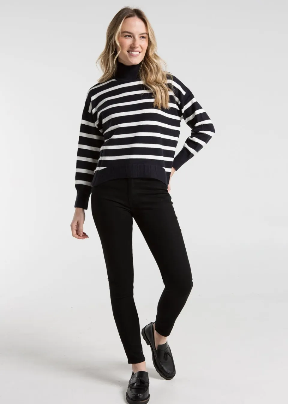 Tops>French Connection Navy Oversized High Neck Striped Jumper