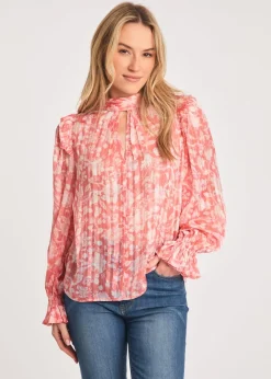 Tops>French Connection Pink High Neck Long Sleeve Floral Frill Keyhole Blouse