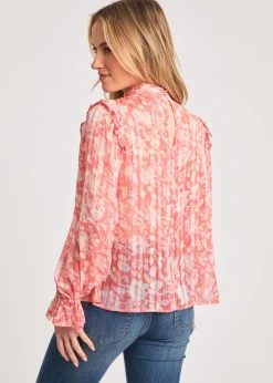 Tops>French Connection Pink High Neck Long Sleeve Floral Frill Keyhole Blouse
