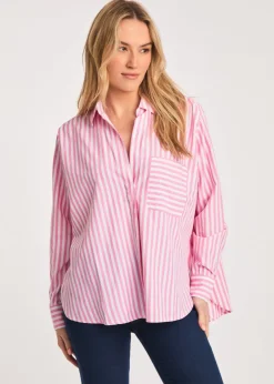 Tops>French Connection Pink Relaxed-Fit Striped Popover High-Low Hem Shirt
