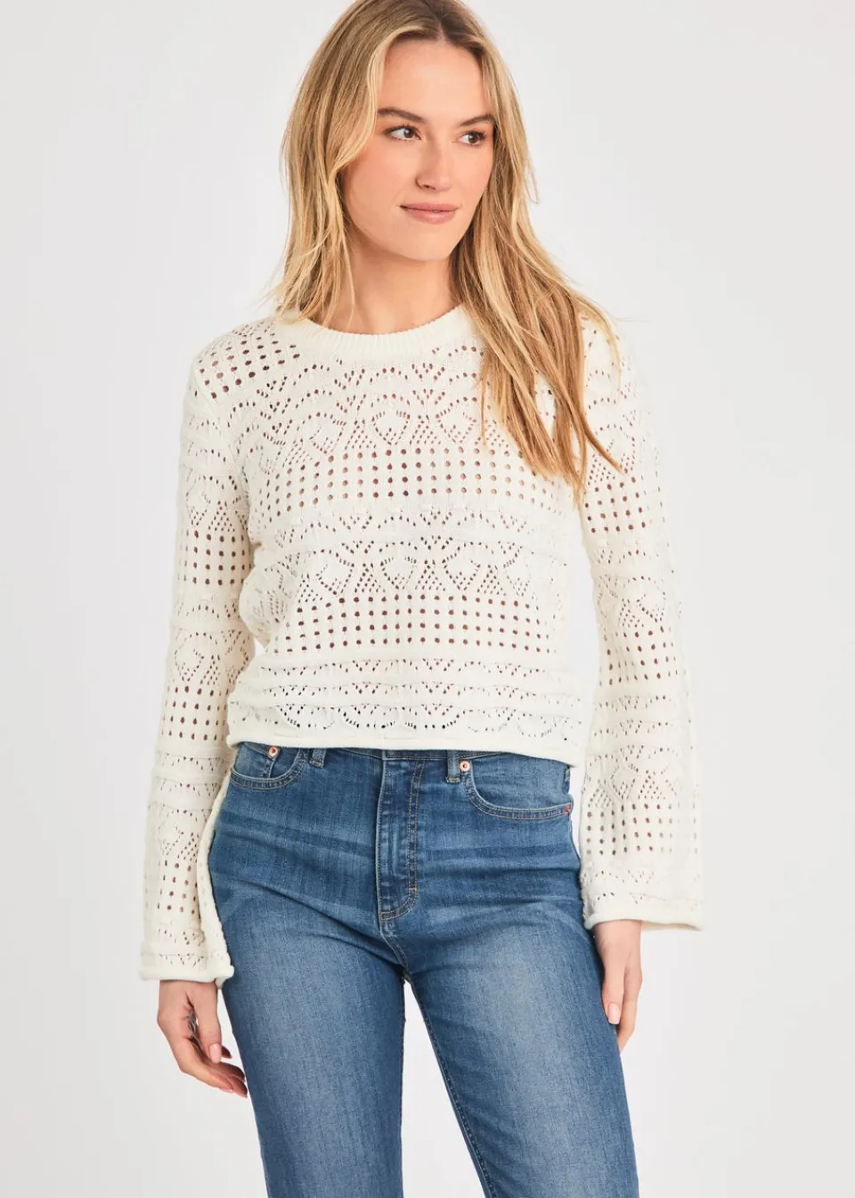 Knitwear>French Connection White Crew Neck Long Sleeve Crochet Bobble Knit Jumper