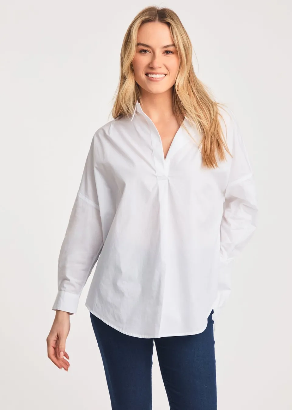 Tops>French Connection White Cotton Long Sleeve Poplin Popover High-Low Hem Shirt