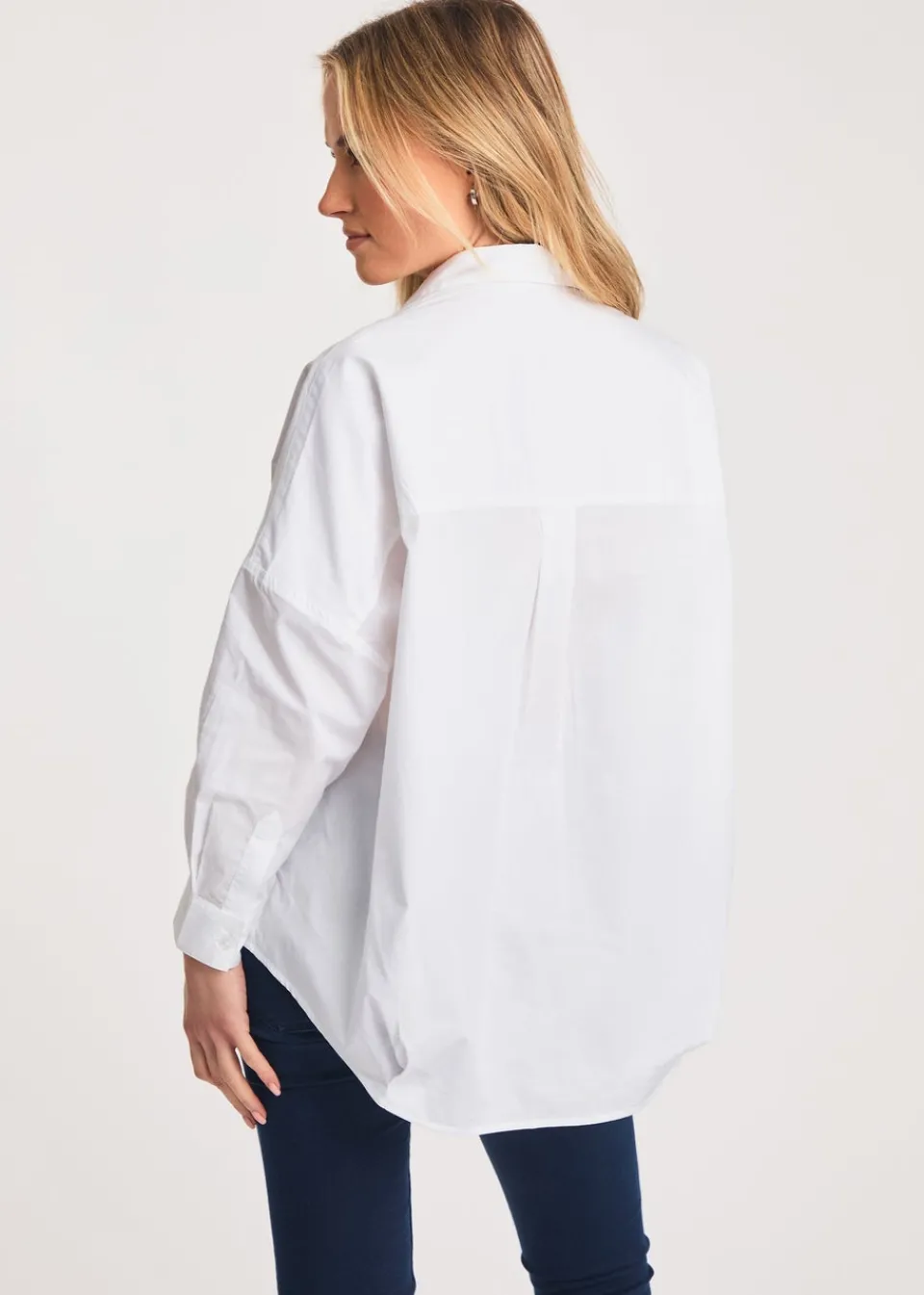 Tops>French Connection White Cotton Long Sleeve Poplin Popover High-Low Hem Shirt