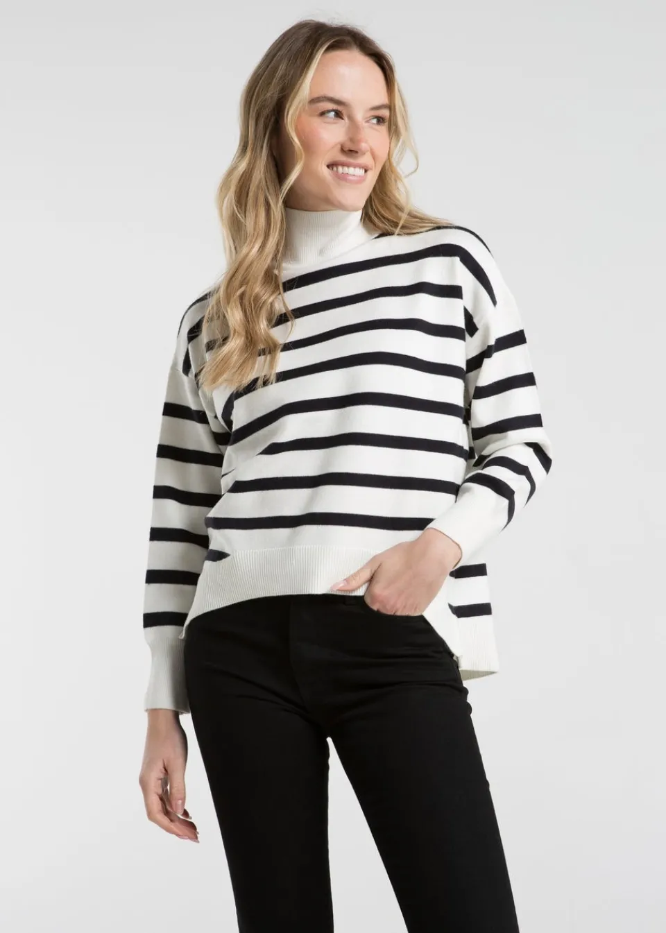 Tops>French Connection White Oversized High Neck Striped Jumper