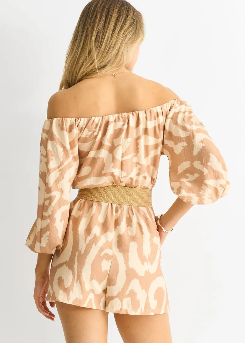 Jumpsuits & Playsuits>Gini London Beige Abstract Belted Bardot Viscose Playsuit
