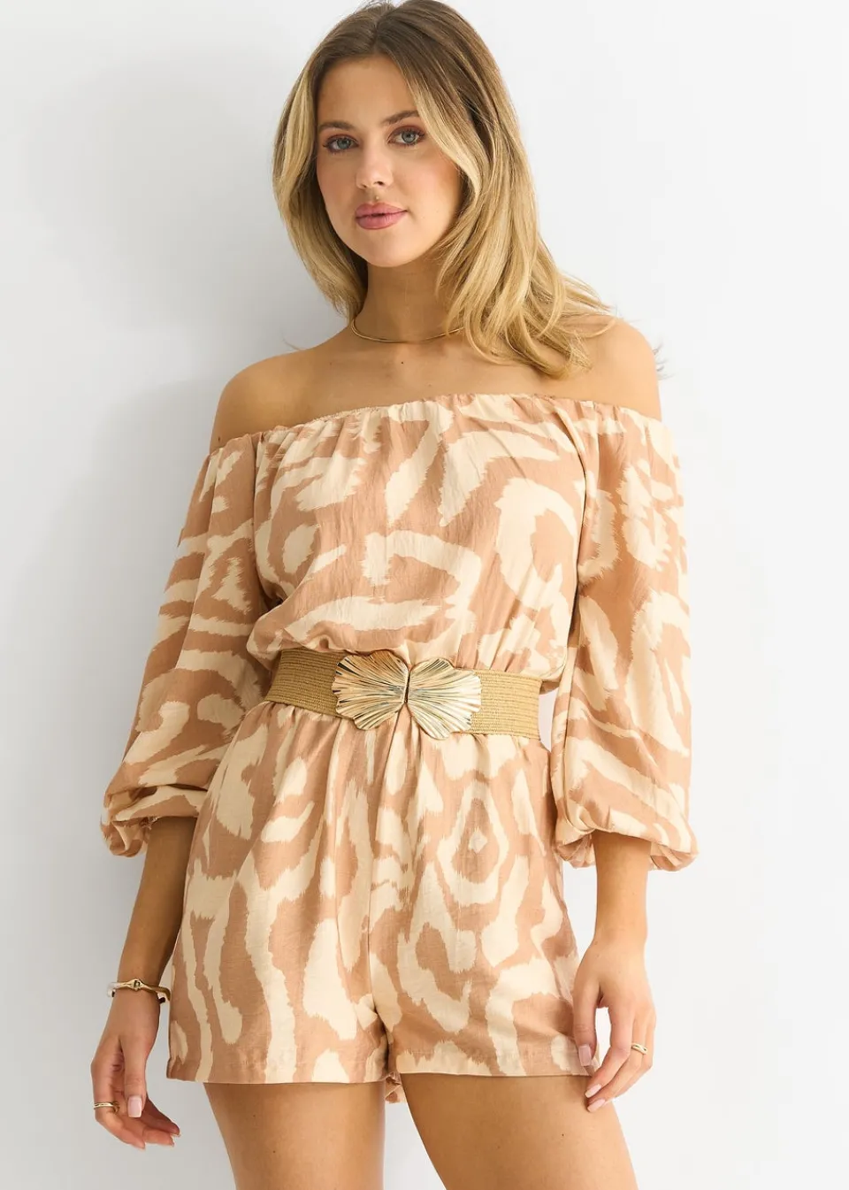 Jumpsuits & Playsuits>Gini London Beige Abstract Belted Bardot Viscose Playsuit