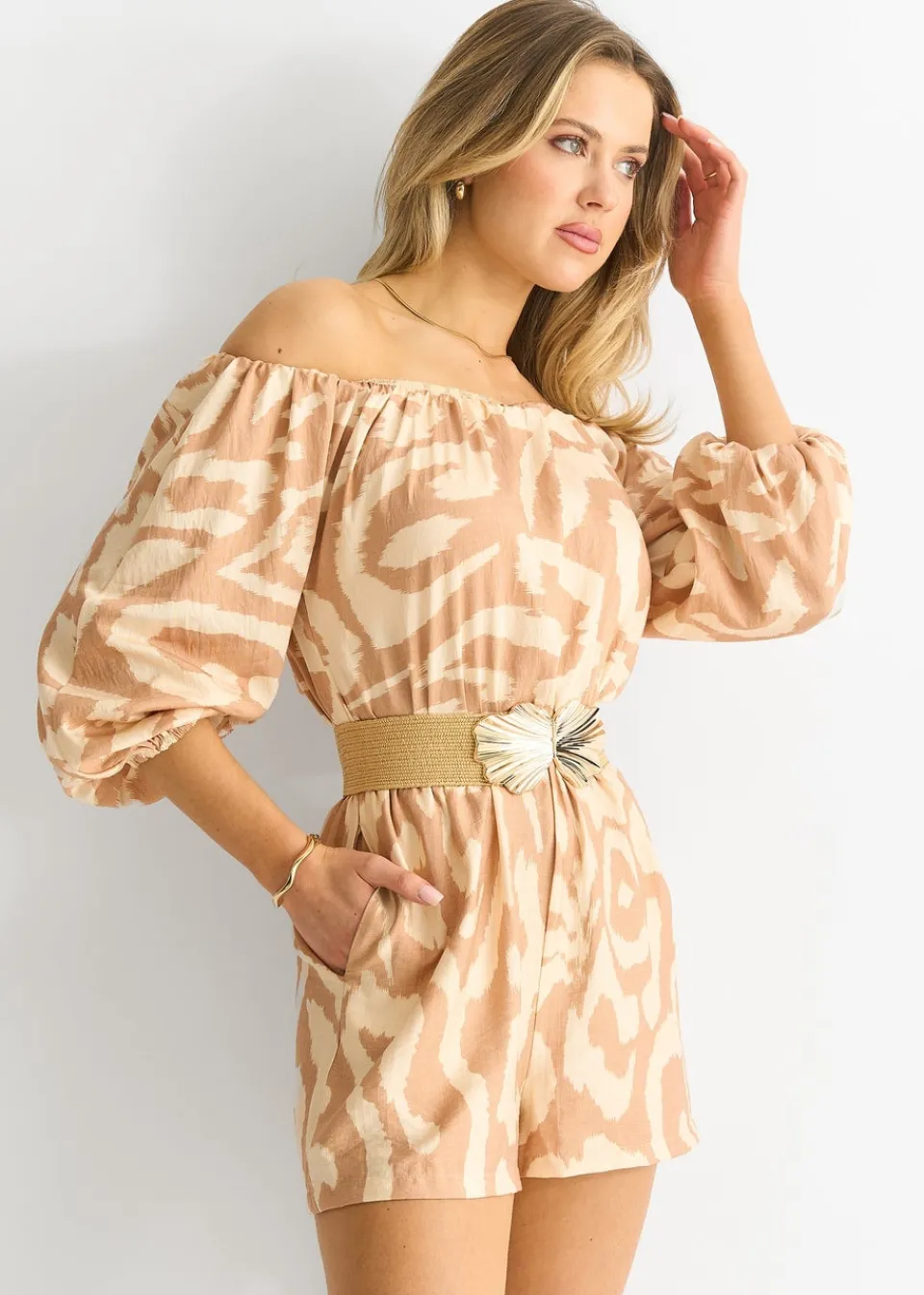 Jumpsuits & Playsuits>Gini London Beige Abstract Belted Bardot Viscose Playsuit