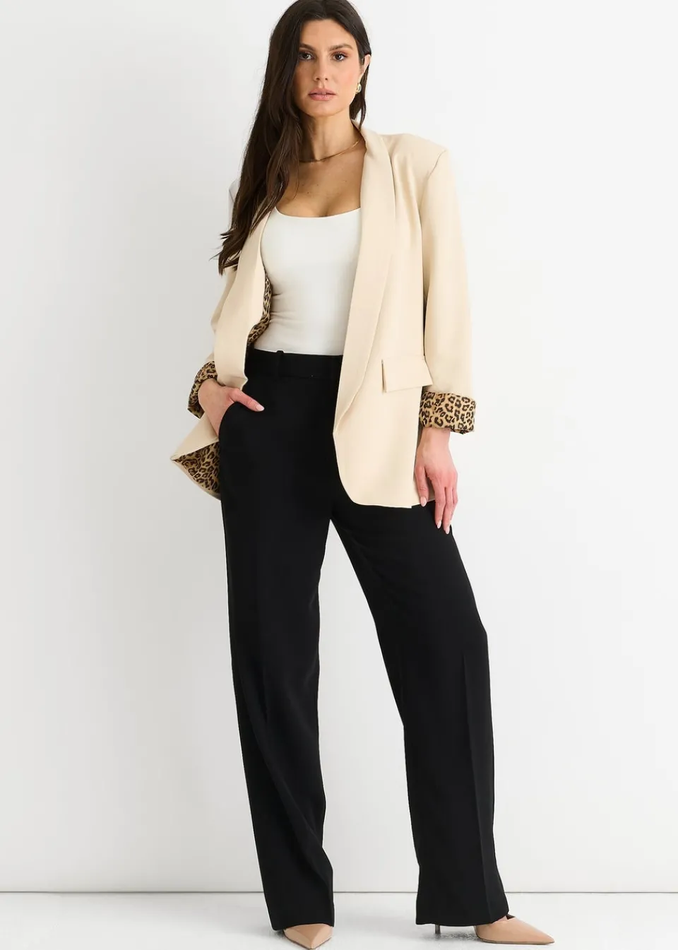 Coats & Jackets>Gini London Beige Contrast Animal Edge To Edge Blazer