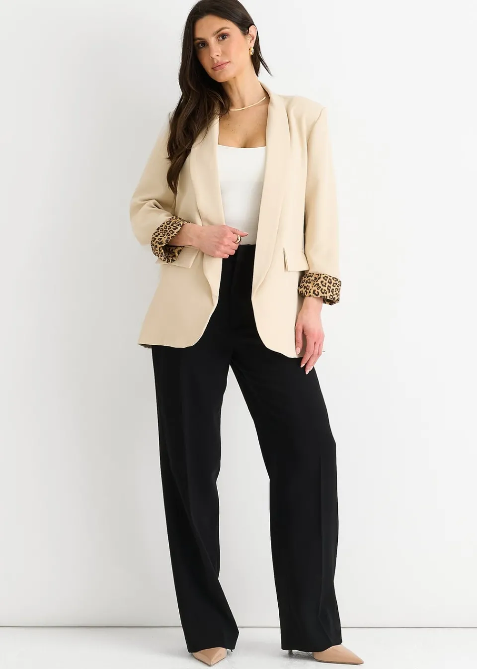 Coats & Jackets>Gini London Beige Contrast Animal Edge To Edge Blazer