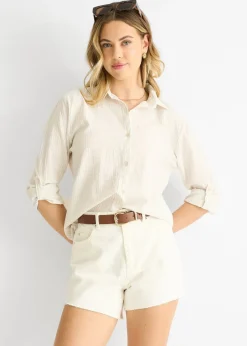 Tops>Gini London Beige Cotton Stripe Roll Up Sleeves Shirt