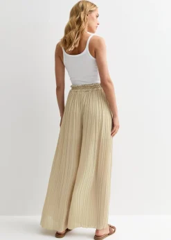 Trousers>Gini London Beige Elasticated Waist Plisse Wide Led Trouser