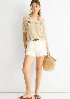 T-Shirts>Gini London Beige Fish Net Heart Pattern Crochet Top