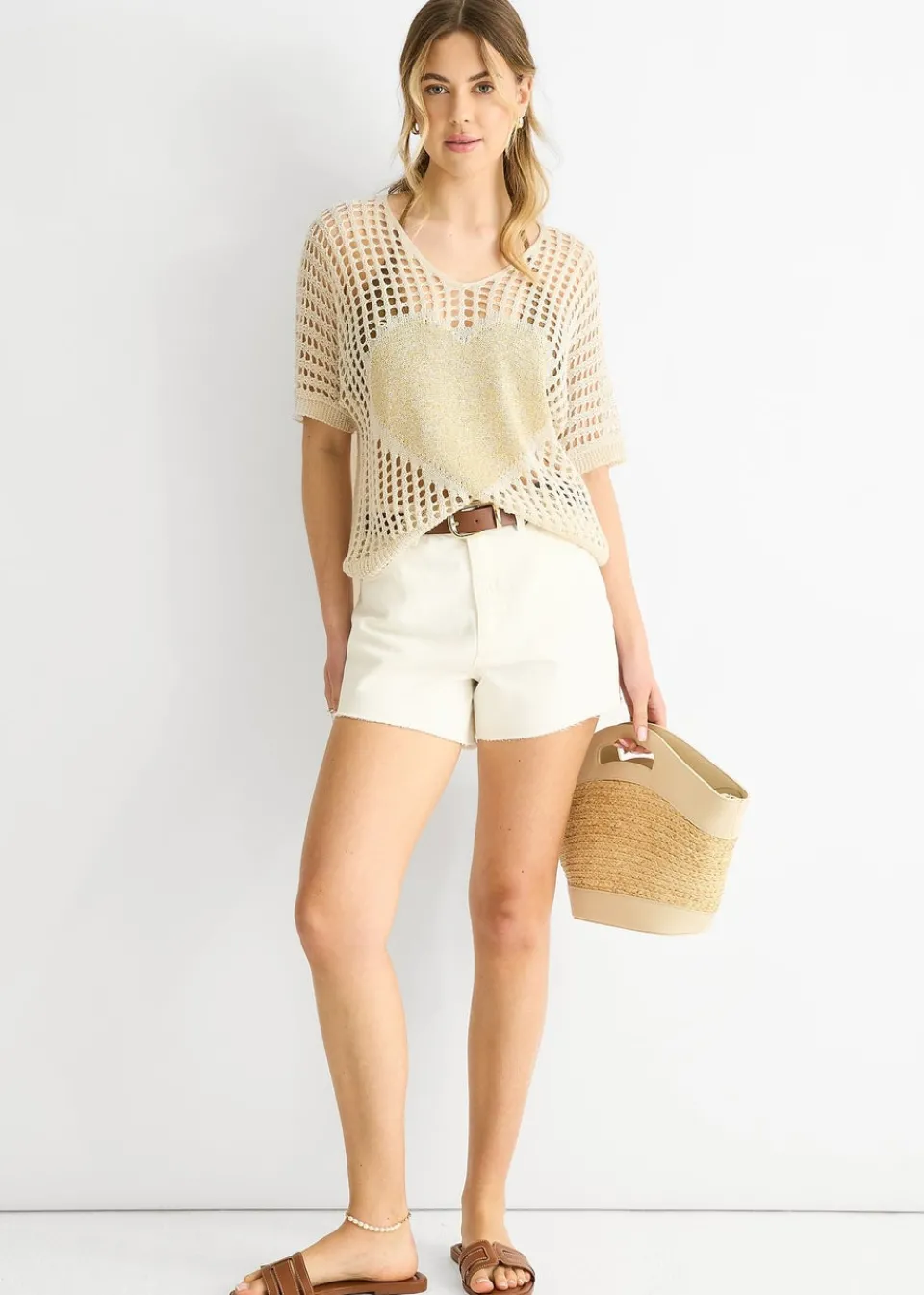 T-Shirts>Gini London Beige Fish Net Heart Pattern Crochet Top