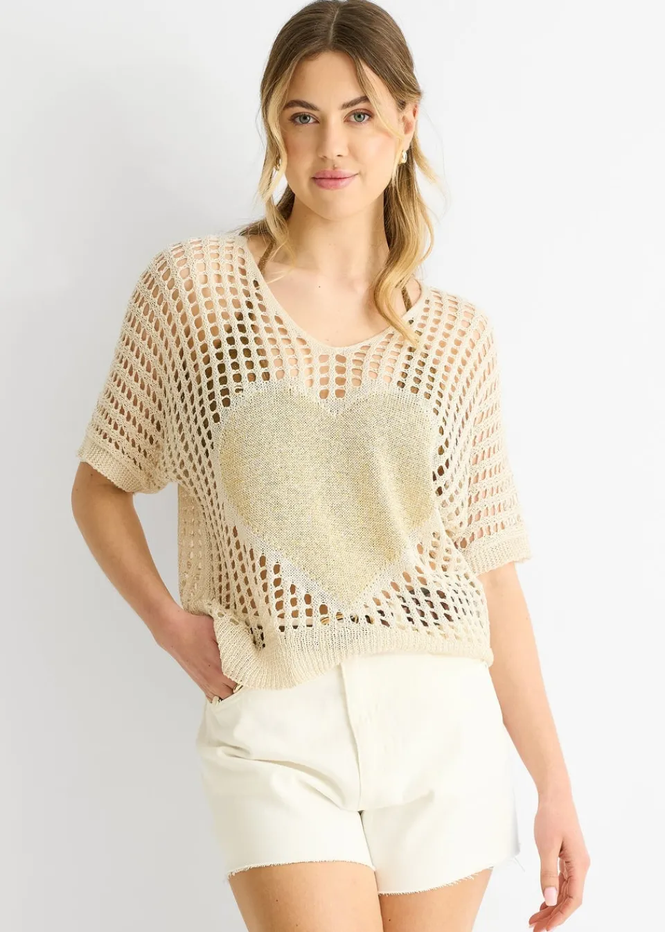 T-Shirts>Gini London Beige Fish Net Heart Pattern Crochet Top