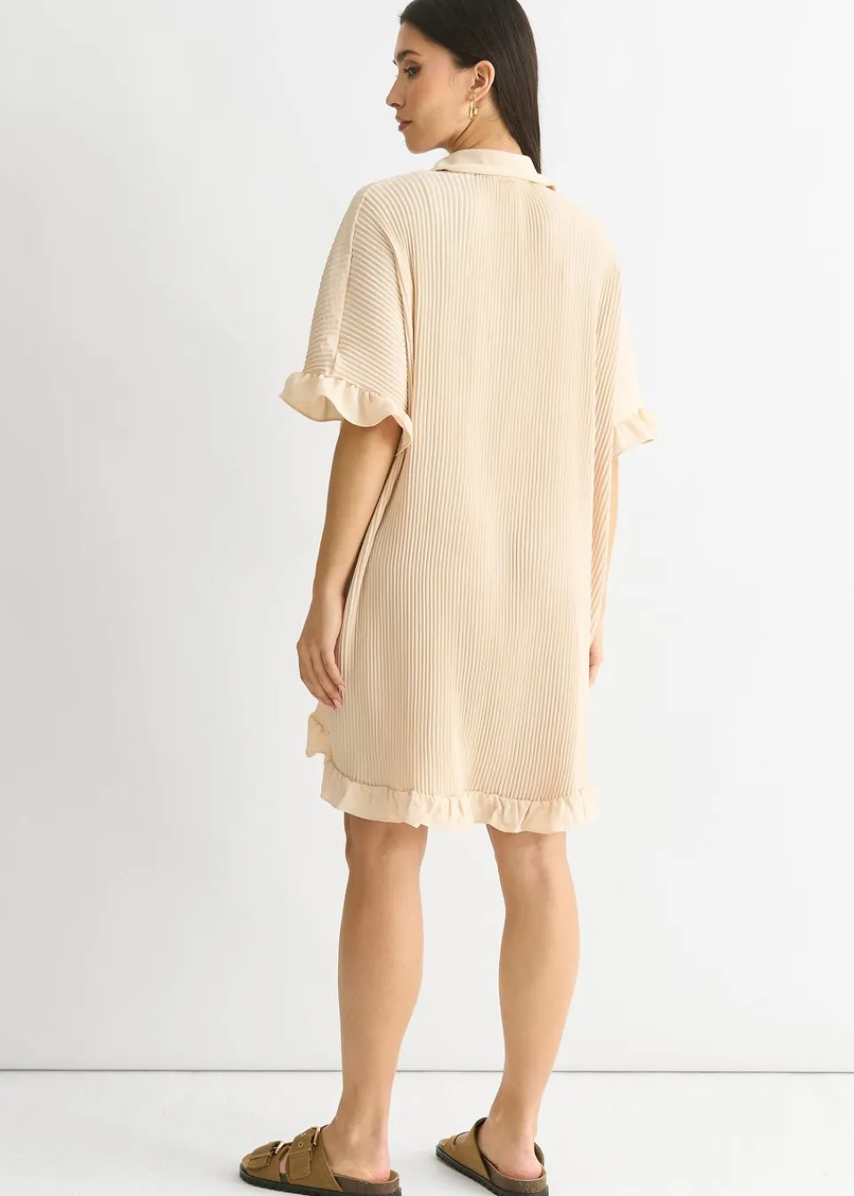T-Shirts>Gini London Beige Plisse Frill Detail Oversized Shirt Dress