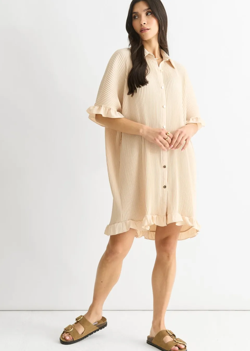 T-Shirts>Gini London Beige Plisse Frill Detail Oversized Shirt Dress