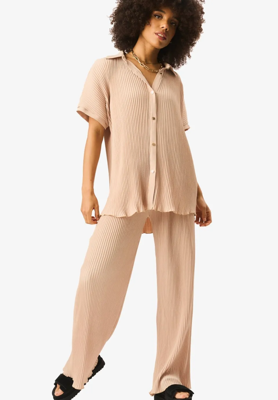 Trousers>Gini London Beige Plisse Loungewear Wide Leg Trousers